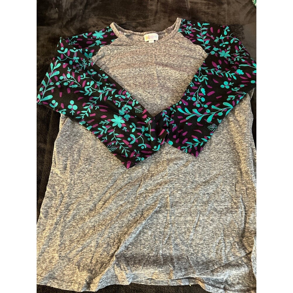 Lularoe randy grey with black green purple floral sleeve size L large
